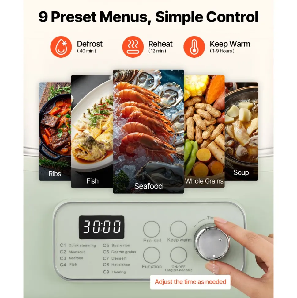 VEVOR Electric Food Steamer 10.6 QT Glass with 3-Tier Stainless Steel Trays, 1200W Vegetable Steamer for Cooking, 2-4 Servings, Pre-Programmed Settings, Delay Start, for Veggies, Seafood & Rice, White