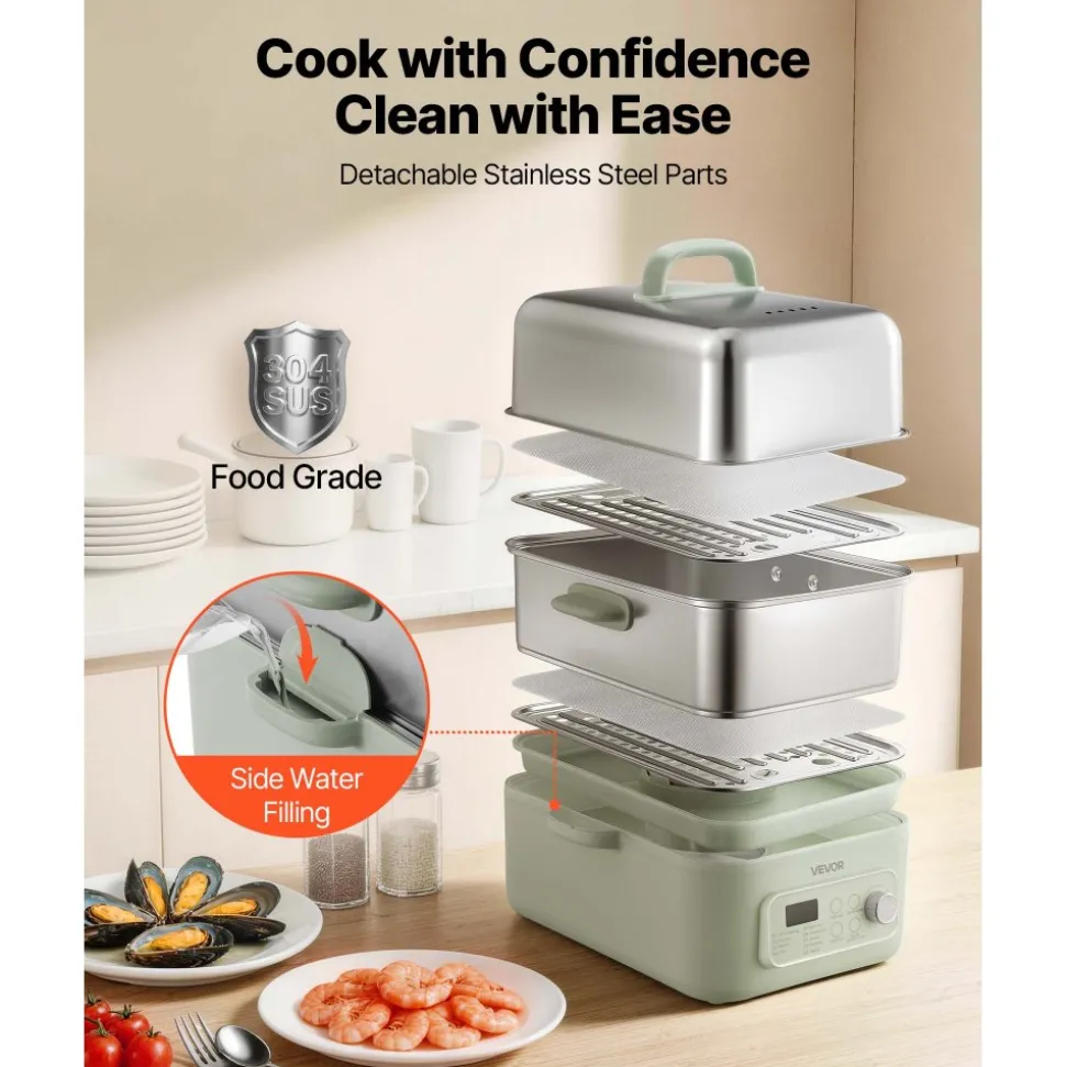 VEVOR Electric Food Steamer 10.6 QT Glass with 3-Tier Stainless Steel Trays, 1200W Vegetable Steamer for Cooking, 2-4 Servings, Pre-Programmed Settings, Delay Start, for Veggies, Seafood & Rice, White