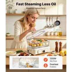 VEVOR Electric Food Steamer 6.3 QT Glass with 2-Tier Stainless Steel Trays, 1200W Vegetable Steamer for Cooking, 1-3 Servings, Pre-Programmed Settings, Delay Start, for Veggies, Seafood & Rice, White