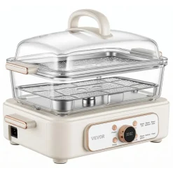 VEVOR Electric Food Steamer 6.3 QT Glass with 2-Tier Stainless Steel Trays, 1200W Vegetable Steamer for Cooking, 1-3 Servings, Pre-Programmed Settings, Delay Start, for Veggies, Seafood & Rice, White