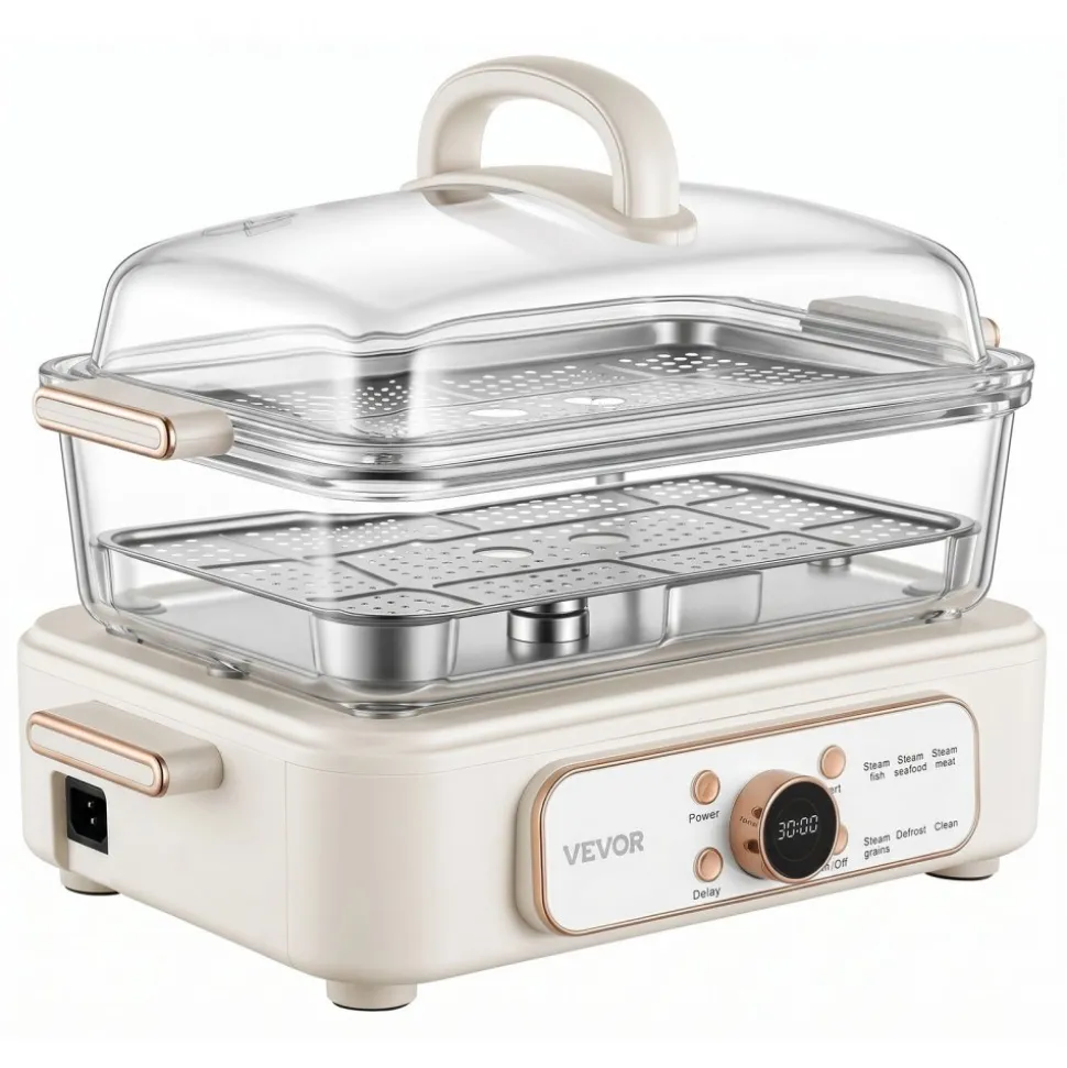 VEVOR Electric Food Steamer 6.3 QT Glass with 2-Tier Stainless Steel Trays, 1200W Vegetable Steamer for Cooking, 1-3 Servings, Pre-Programmed Settings, Delay Start, for Veggies, Seafood & Rice, White