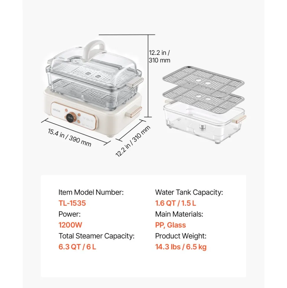 VEVOR Electric Food Steamer 6.3 QT Glass with 2-Tier Stainless Steel Trays, 1200W Vegetable Steamer for Cooking, 1-3 Servings, Pre-Programmed Settings, Delay Start, for Veggies, Seafood & Rice, White
