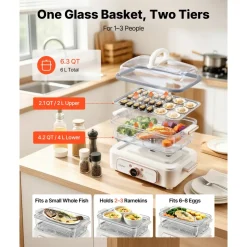 VEVOR Electric Food Steamer 6.3 QT Glass with 2-Tier Stainless Steel Trays, 1200W Vegetable Steamer for Cooking, 1-3 Servings, Pre-Programmed Settings, Delay Start, for Veggies, Seafood & Rice, White