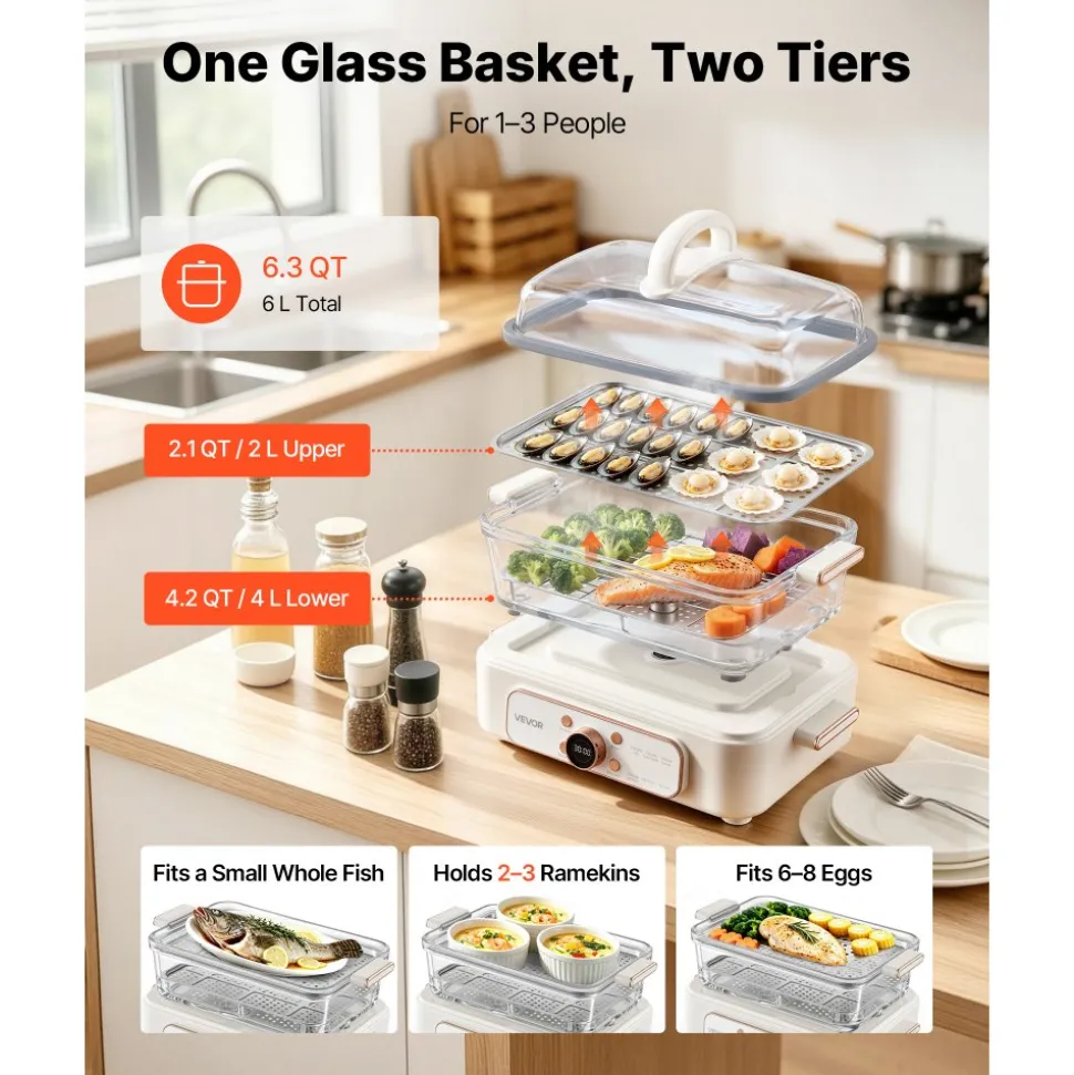 VEVOR Electric Food Steamer 6.3 QT Glass with 2-Tier Stainless Steel Trays, 1200W Vegetable Steamer for Cooking, 1-3 Servings, Pre-Programmed Settings, Delay Start, for Veggies, Seafood & Rice, White