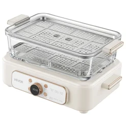 VEVOR Electric Food Steamer 6.3 QT Glass with 2-Tier Stainless Steel Trays, 1200W Vegetable Steamer for Cooking, 1-3 Servings, Pre-Programmed Settings, Delay Start, for Veggies, Seafood & Rice, White