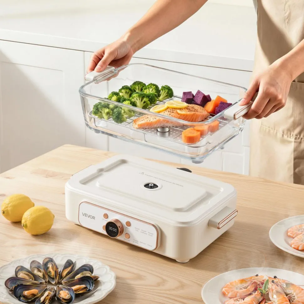 VEVOR Electric Food Steamer 6.3 QT Glass with 2-Tier Stainless Steel Trays, 1200W Vegetable Steamer for Cooking, 1-3 Servings, Pre-Programmed Settings, Delay Start, for Veggies, Seafood & Rice, White