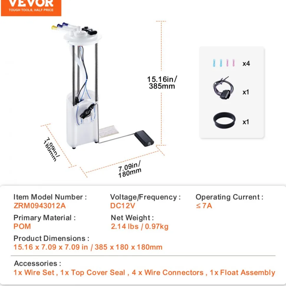 VEVOR Electric Fuel Pump Module Assembly, Compatible with Pontiac Vibe 2005-2010, Toyota Corolla 2005-2018, Toyota Matrix 2005-2013, 1.8L 2.4L, Replace E3781M, MU1718, F2792A, FG1640, FG0938, FG1299