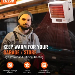 VEVOR Electric Garage Heater, 5000-Watt (2500/5000W) Ceiling Mounted Shop Heater, 2 Settings & Overheat Protection & Low Noise Cross-flow, Commercial for Indoor Workshop  Warehouse,240V White