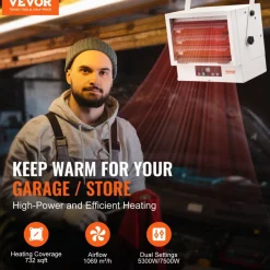 VEVOR Electric Garage Heater, 7500-Watt Digital Fan-Forced Wall/Ceiling Mount Shop Heater, with Remote Control Overheat Protection, Hardwired Heater with 9-Hour Timer, Ideal for Workshop, ETL Listed