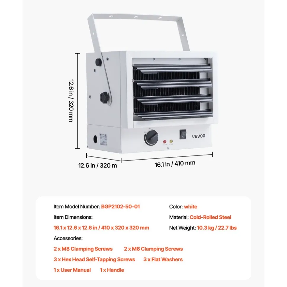 VEVOR Electric Garage Heater, 5000-Watt Wall/Ceiling Mounted Shop Heater for 2 Cars, Overheat Protection & 3 Adjustable Angles, Heavy Duty Commercial for Indoor Workshop Warehouse,240V White