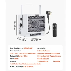 VEVOR Electric Garage Heater, 4800-Watt with Remote Control & 10 Hour Timer & Overheat Protection Wall/Ceiling Mounted Shop Heater, Commercial Fan-forced for Indoor Workshop  Warehouse,240V White