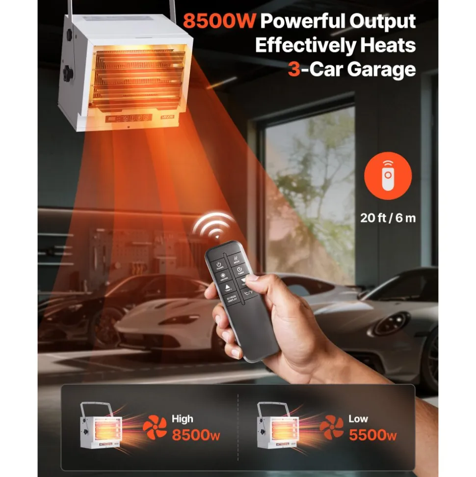 VEVOR Electric Garage Heater, 8500-Watt with Remote Control & 10 Hour Timer & Overheat Protection Wall/Ceiling Mounted Shop Heater, Commercial Fan-forced for Indoor Workshop Warehouse,240V White