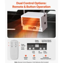 VEVOR Electric Garage Heater, 5000-Watt (2500/5000W) Ceiling Mounted Shop Heater, With Remote Control & Overheat Protection & Low Noise Cross-flow, Commercial for Indoor Workshop Warehouse,240V White