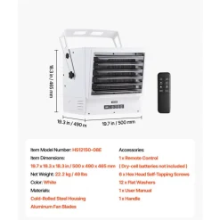 VEVOR Electric Garage Heater, 15000-Watt with Remote Control & 10 Hour Timer & Overheat Protection Wall/Ceiling Mounted Shop Heater, Commercial Fan-forced for Indoor Workshop  Warehouse,240V White