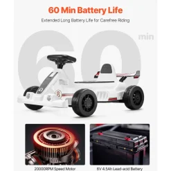 VEVOR Electric Go Kart, 6V 4.5Ah Battery, Pedal Go Kart Portable Outdoor Race Toy for Kids Ages 2+, 20000 RPM Motor, 2 MPH Constant Speed, LED Headlight & Horn, Non-slip Tires, 44 lbs Max Load, White