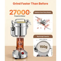 VEVOR Electric Grain Mill Grinder, 0.3 lbs Commercial Spice Grinders, High Speed 850W Stainless Steel Pulverizer Powder Machine, for Dry Grains, Spices, Cereals, Coffee, Corn & Pepper, Straight Type