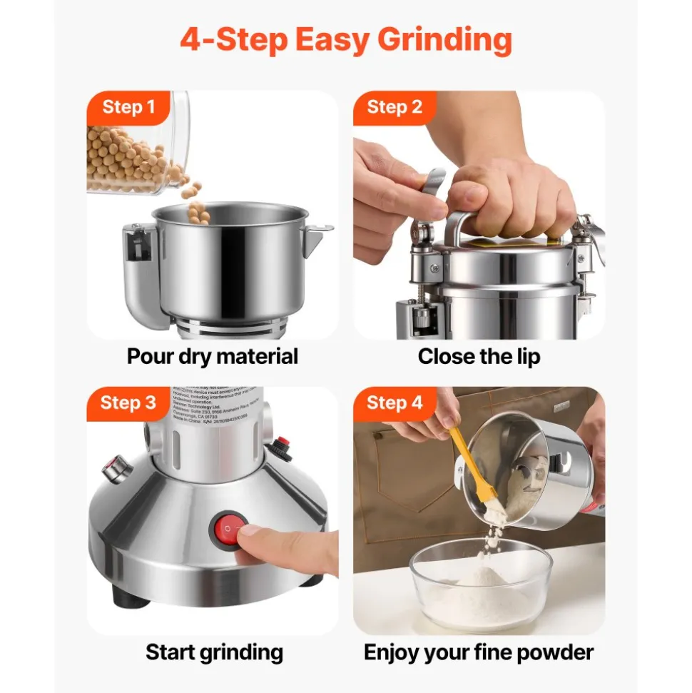 VEVOR Electric Grain Mill Grinder, 0.3 lbs Commercial Spice Grinders, High Speed 850W Stainless Steel Pulverizer Powder Machine, for Dry Grains, Spices, Cereals, Coffee, Corn & Pepper, Straight Type