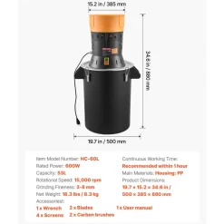 VEVOR Electric Grain Mill Grinder, 600W High Power Commercial Spice Grinder, 14 Gal Pulverizer Powder Machine with Galvanized Sharp Blades, for Dry Grains, Spices, Cereals, Coffee, Corn & Pepper