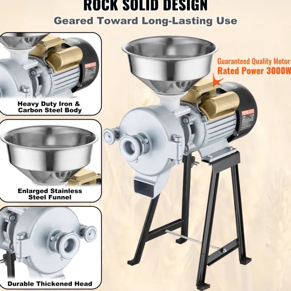 VEVOR Electric Grain Mill Grinder, 3000W Spice Grinders, Commercial Corn Mill with Funnel, Thickness Adjustable Powder Machine, Heavy Duty Feed Flour Cereal Mill Wheat Grinders, Dry & Wet Grinder