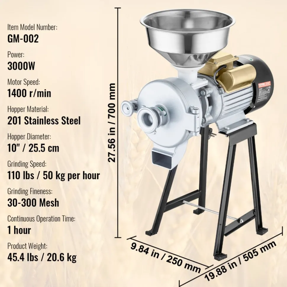 VEVOR Electric Grain Mill Grinder, 3000W Spice Grinders, Commercial Corn Mill with Funnel, Thickness Adjustable Powder Machine, Heavy Duty Feed Flour Cereal Mill Wheat Grinders, Dry & Wet Grinder