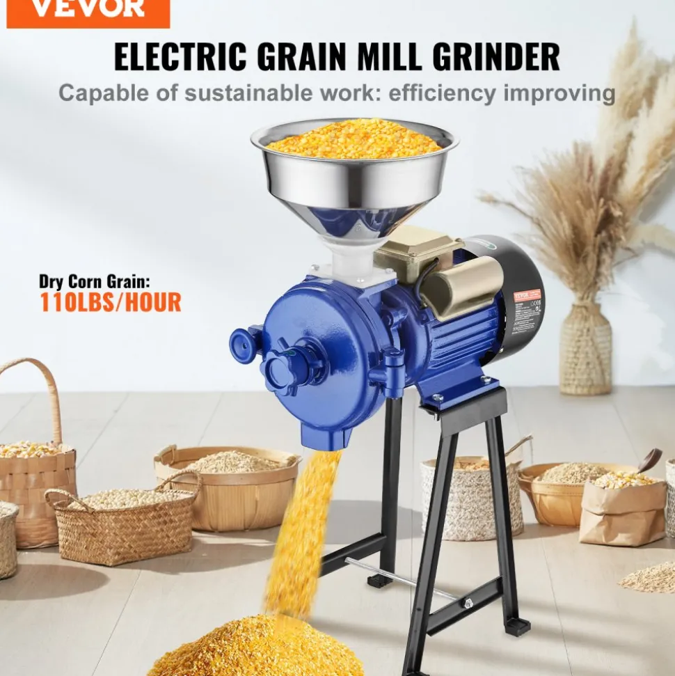 VEVOR Electric Grain Mill Grinder, 3000W Spice Grinders, Commercial Corn Mill with Funnel, Thickness Adjustable Powder Machine, Heavy Duty Feed Flour Cereal Mill Wheat Grinders, Dry Grinder