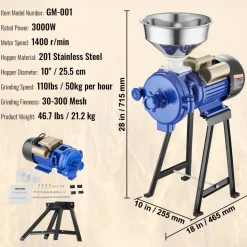 VEVOR Electric Grain Mill Grinder, 3000W Spice Grinders, Commercial Corn Mill with Funnel, Thickness Adjustable Powder Machine, Heavy Duty Feed Flour Cereal Mill Wheat Grinders, Dry Grinder