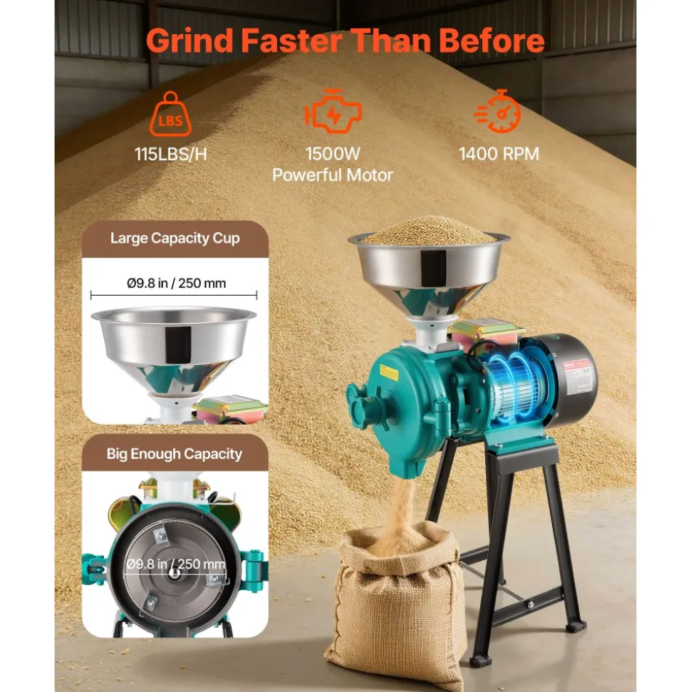 VEVOR Electric Grain Mill Grinder, 110 lbs/H Commercial Spice Grinders, 1500W Cast Iron Pulverizer Powder Machine with Non-Slip Rubber Feet, for Dry Grains, Spices, Cereals, Coffee, Corn & Pepper