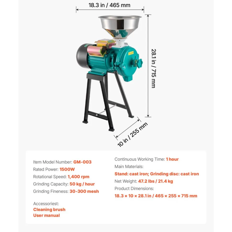 VEVOR Electric Grain Mill Grinder, 110 lbs/H Commercial Spice Grinders, 1500W Cast Iron Pulverizer Powder Machine with Non-Slip Rubber Feet, for Dry Grains, Spices, Cereals, Coffee, Corn & Pepper