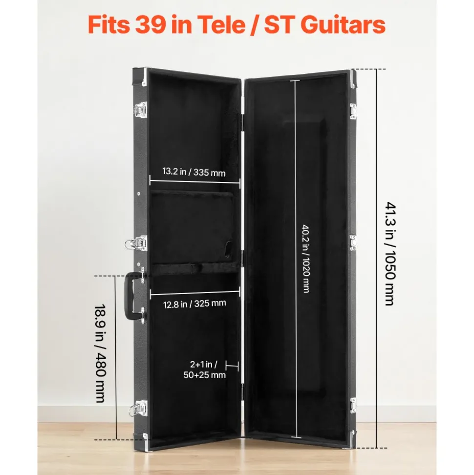 VEVOR Electric Guitar Hard Case, 41.3 Inch, Rectangle Wooden Hard-Shell Protective Carrying Case, with Lock Latch, Padding, Accessory Compartment, Key, for 39 Inch Tele/ST Electric Guitars, Black