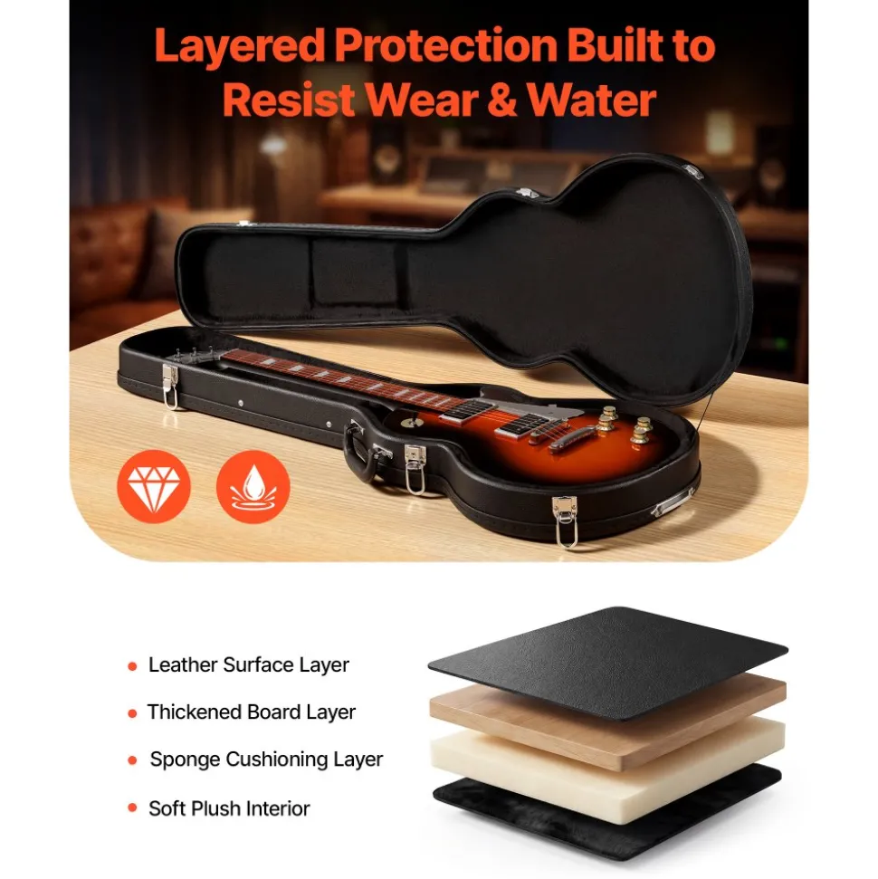 VEVOR Electric Guitar Hard Case, 42.2 Inch, Wooden Hard-Shell Protective Carrying Case with Lock Latch, Sponge Lining, Keys, Accessory Compartment, Water-Resistant, for 39 Inch Les Paul Guitars, Black