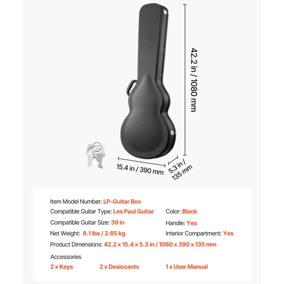VEVOR Electric Guitar Hard Case, 42.2 Inch, Wooden Hard-Shell Protective Carrying Case with Lock Latch, Sponge Lining, Keys, Accessory Compartment, Water-Resistant, for 39 Inch Les Paul Guitars, Black