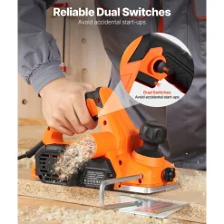 VEVOR Electric Hand Planer, 3-1/4-Inch Cut Width, 7-Amp 16800 RPM Corded Power Handheld Planer for Wood, with Adjustable Cut Depth, 2 Blades, for Woodworking Wood Chamfer DIY Smooth Finish Carpentry