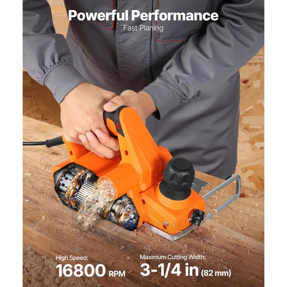 VEVOR Electric Hand Planer, 3-1/4-Inch Cut Width, 7-Amp 16800 RPM Corded Power Handheld Planer for Wood, with Adjustable Cut Depth, 2 Blades, for Woodworking Wood Chamfer DIY Smooth Finish Carpentry