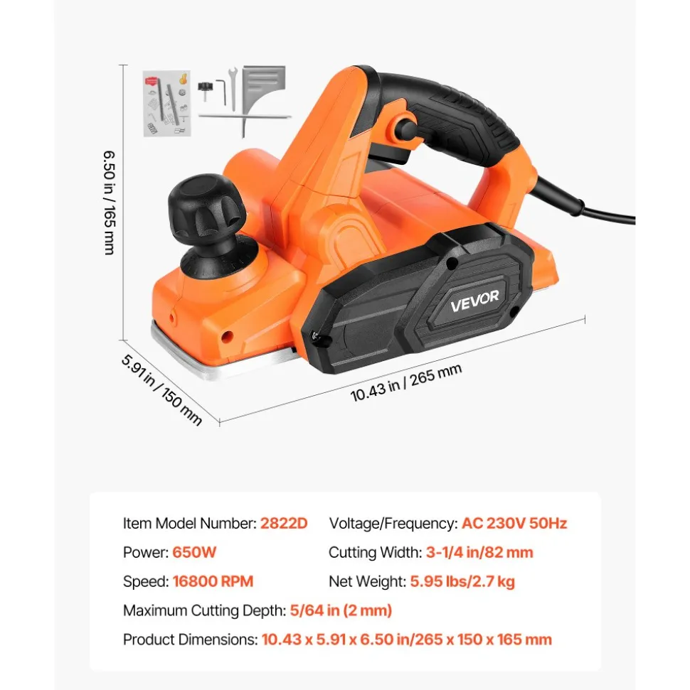 VEVOR Electric Hand Planer, 3-1/4-Inch Cut Width, 7-Amp 16800 RPM Corded Power Handheld Planer for Wood, with Adjustable Cut Depth, 2 Blades, for Woodworking Wood Chamfer DIY Smooth Finish Carpentry