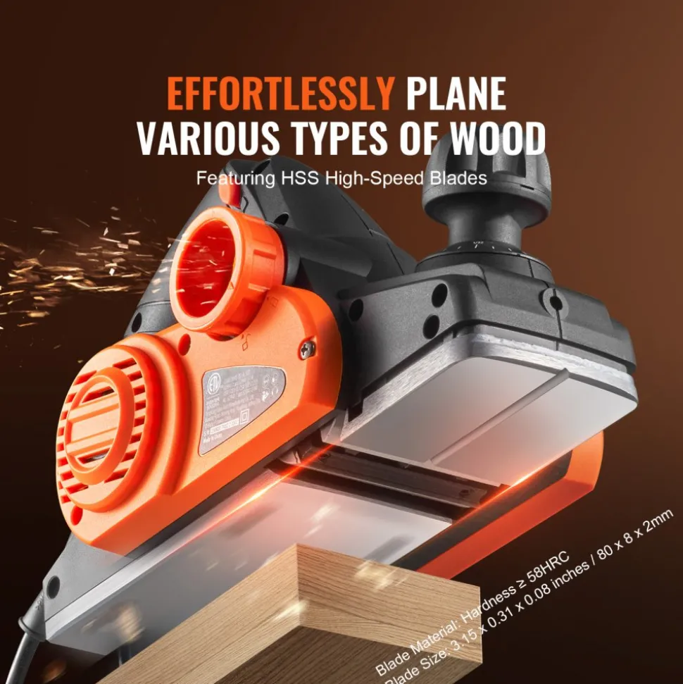 VEVOR Electric Hand Planer, 3-1/4" width Corded Electric Hand Planer, 16500 RPM High-Speed Powerful Electric Handheld Planers for Woodworking, Wood Chamfer DIY, Smooth Finish Carpentry Tool, FCC-SDoC