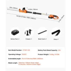 VEVOR Electric Hedge Trimmer, 1200 RPM, 6.2 - 7.8 Ft Extendable, Pole Hedge Trimmer for High Branch, 20V Battery, Cordless Hedge Trimmer with 20 in Blade, 5 Angles Adjustable for Yard Garden