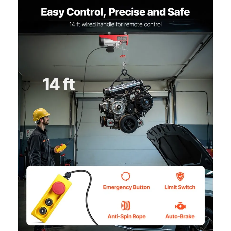 VEVOR Electric Hoist, 1320 lbs Lifting Capacity, 1150W 110V Electric Steel Wire Winch with 14ft Wired Remote Control, 40ft Single Cable Lifting Height & Pure Copper Motor, for Garage Warehouse Factory