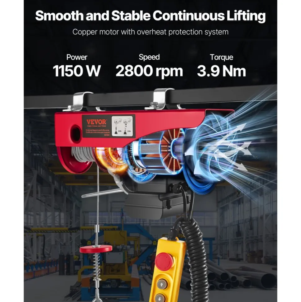 VEVOR Electric Hoist, 1320 lbs Lifting Capacity, 1150W 110V Electric Steel Wire Winch with 14ft Wired Remote Control, 40ft Single Cable Lifting Height & Pure Copper Motor, for Garage Warehouse Factory