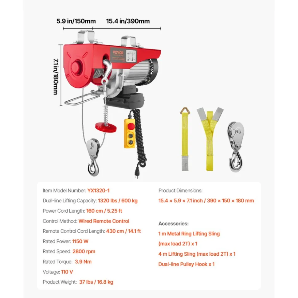 VEVOR Electric Hoist, 1320 lbs Lifting Capacity, 1150W 110V Electric Steel Wire Winch with 14ft Wired Remote Control, 40ft Single Cable Lifting Height & Pure Copper Motor, for Garage Warehouse Factory
