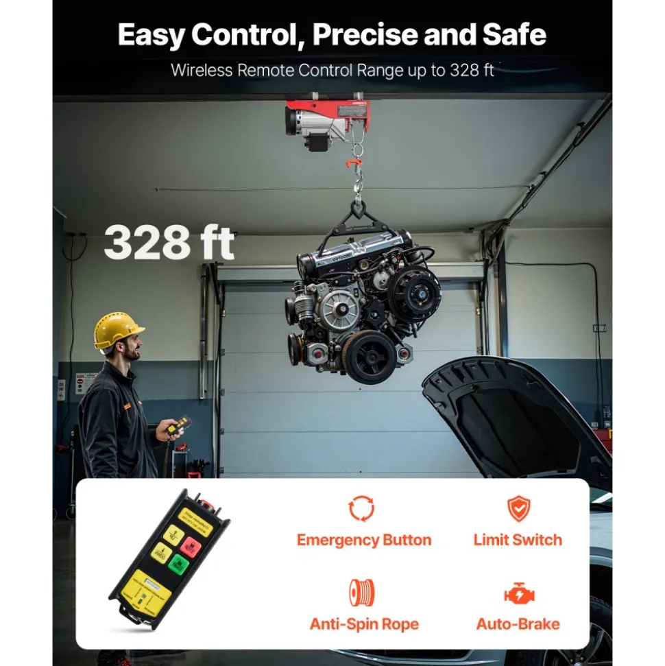 VEVOR Electric Hoist, 880 lbs Lifting Capacity, 850W 110V Electric Steel Wire Winch with Wireless Remote Control, 40ft Single Cable Lifting Height & High-quality Motor, for Garage Warehouse Factory