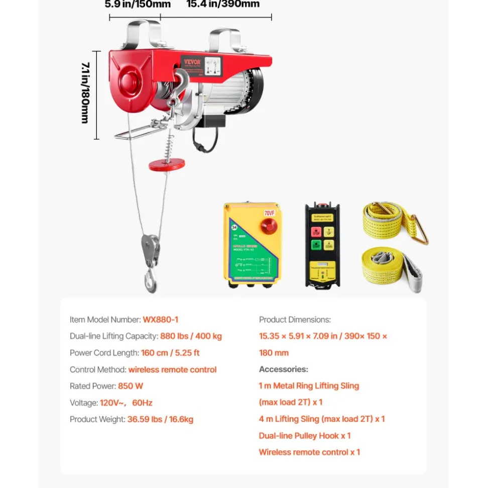 VEVOR Electric Hoist, 880 lbs Lifting Capacity, 850W 110V Electric Steel Wire Winch with Wireless Remote Control, 40ft Single Cable Lifting Height & High-quality Motor, for Garage Warehouse Factory