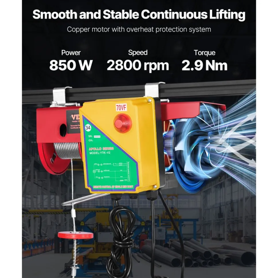 VEVOR Electric Hoist, 880 lbs Lifting Capacity, 850W 110V Electric Steel Wire Winch with Wireless Remote Control, 40ft Single Cable Lifting Height & High-quality Motor, for Garage Warehouse Factory