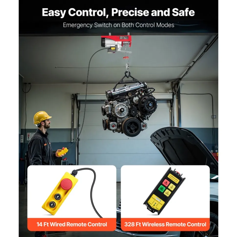 VEVOR Electric Hoist, 2200 lbs 120V Electric Winch with 328 ft Wireless & 14 ft Wired Remote Control, 40 ft Single Cable Lifting Height, Single/Double Slings, Lift Hoist for Garage Warehouse Factory