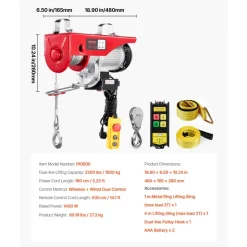 VEVOR Electric Hoist, 2200 lbs 120V Electric Winch with 328 ft Wireless & 14 ft Wired Remote Control, 40 ft Single Cable Lifting Height, Single/Double Slings, Lift Hoist for Garage Warehouse Factory