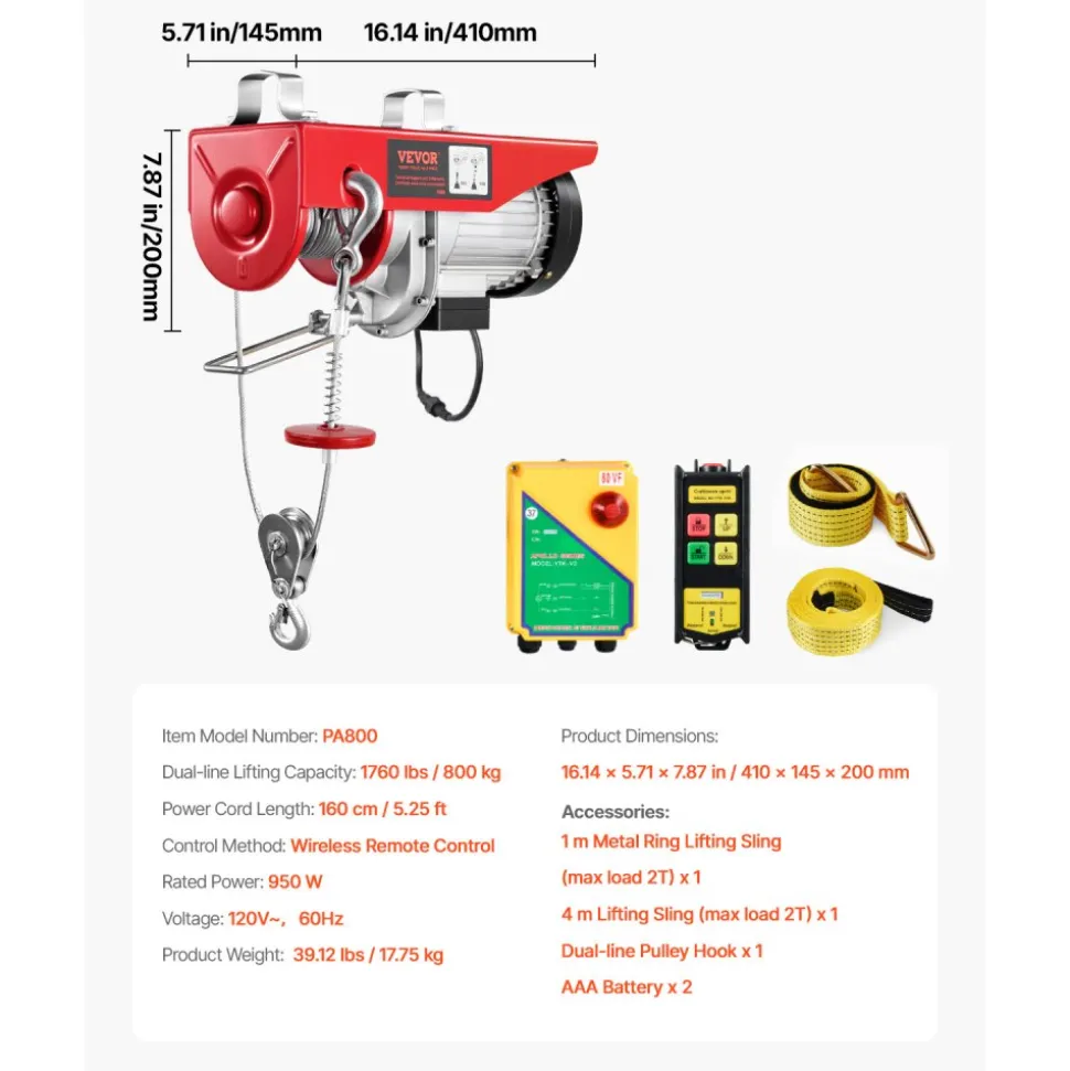 VEVOR Electric Hoist, 1760 lbs 120V Electric Winch with 328 ft Wireless Remote Control, 40 ft Single Cable Lifting Height, Single/Double Slings, Emergency Stop, Lift Hoist for Garage Warehouse Factory