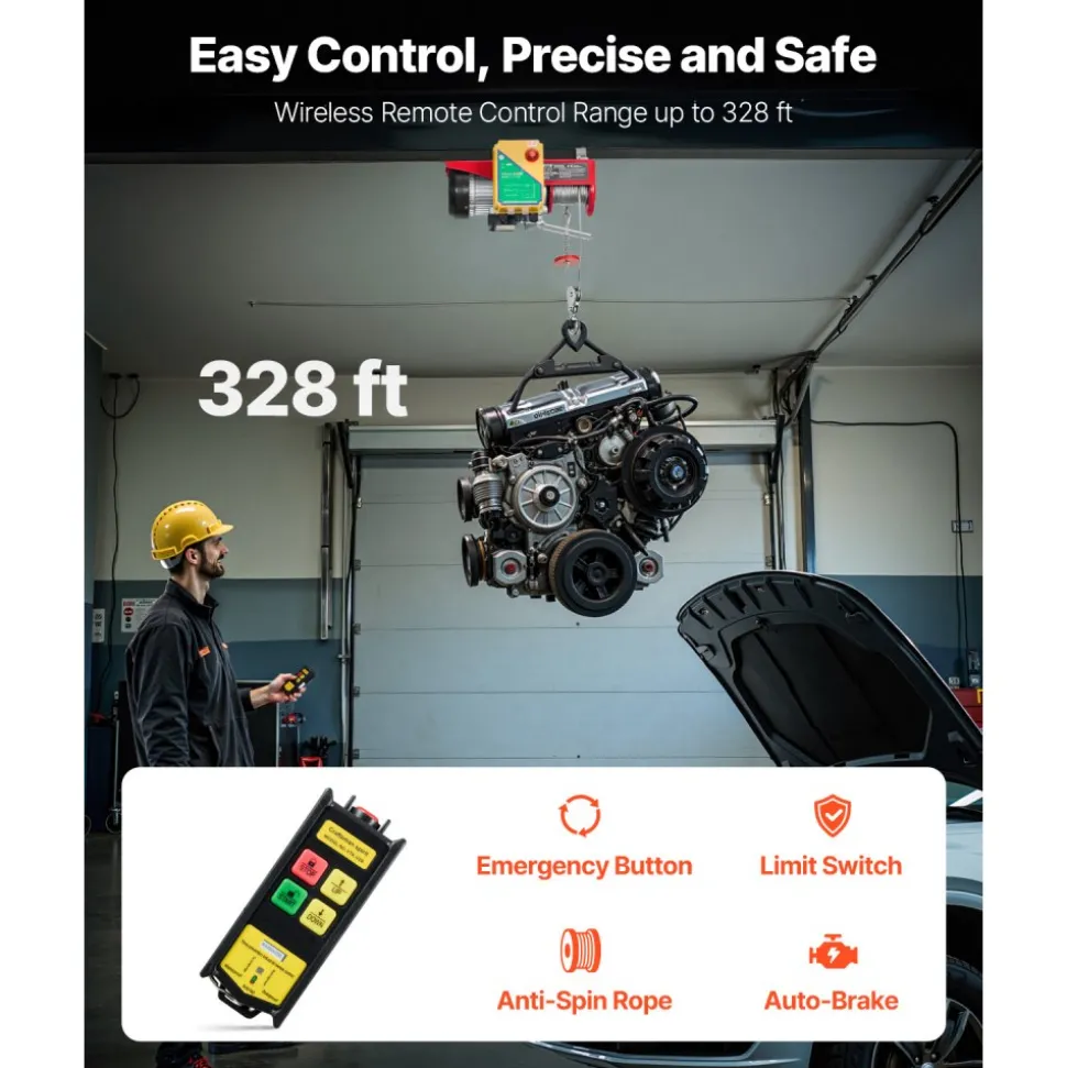 VEVOR Electric Hoist, 1760 lbs 120V Electric Winch with 328 ft Wireless Remote Control, 40 ft Single Cable Lifting Height, Single/Double Slings, Emergency Stop, Lift Hoist for Garage Warehouse Factory