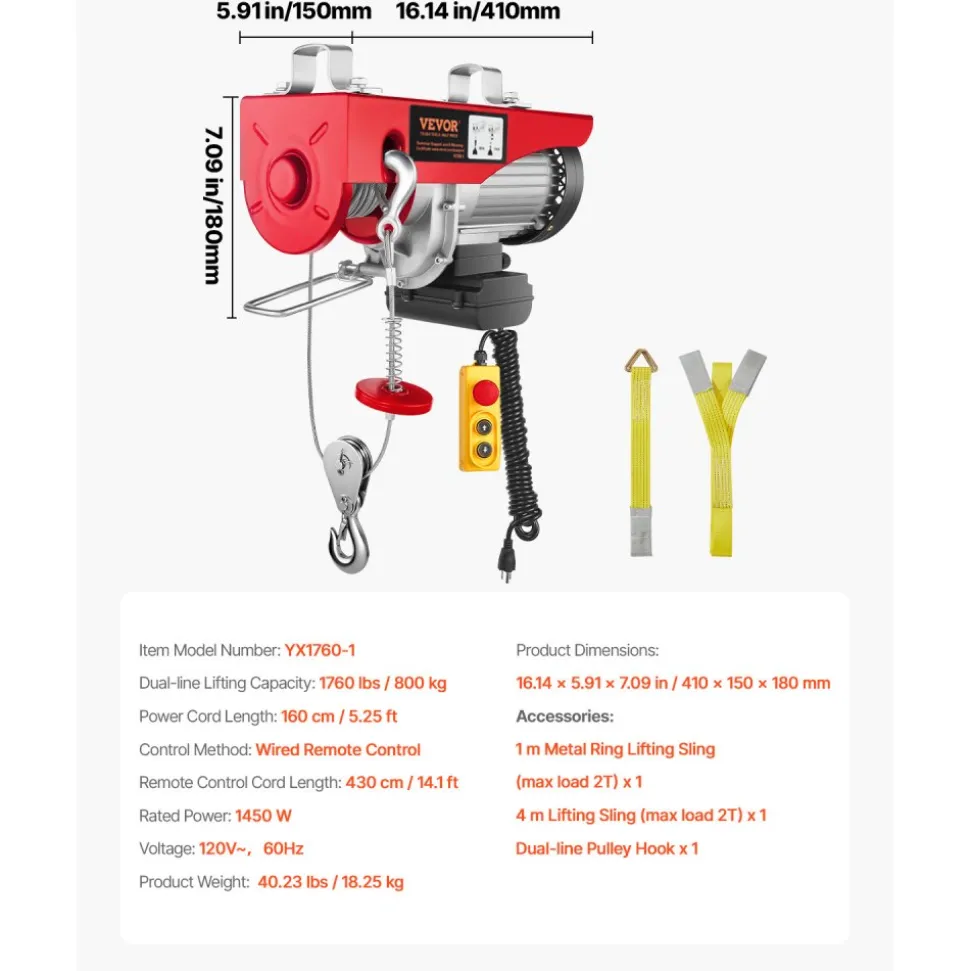 VEVOR Electric Hoist 1760lbs with 14ft Wired Remote Control, Electric Hoist 110 Volt with 40ft Single Cable Lifting Height & High-quality Motor, for Garage Warehouse Factory