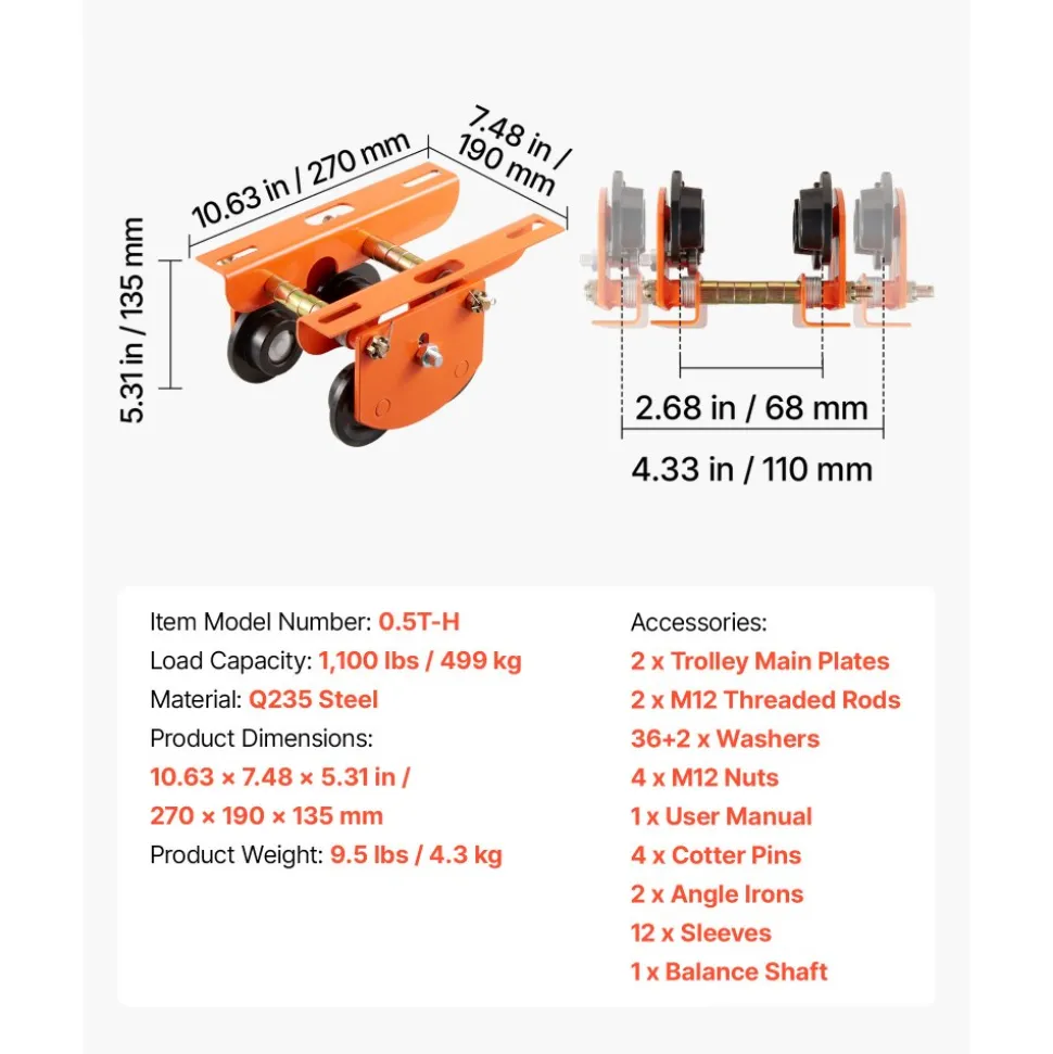 VEVOR Electric Hoist Manual Trolley, 1100 lbs/0.5 Ton Load for PA200 PA250 PA300 PA400 PA500, Push Beam Trolley with Dual Wheels, 2.68"-4.33" Adjustable Beam Flange Width for Straight & Curved I-Beam