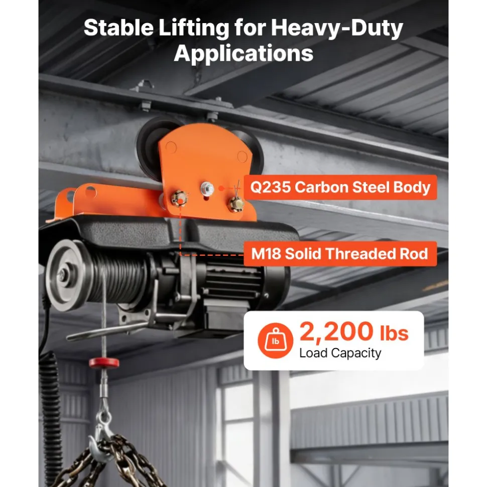 VEVOR Electric Hoist Manual Trolley, 2200 lbs/1 Ton Load for PA600 PA700 PA800 PA900 PA1000, Push Beam Trolley with Dual Wheels, 2.68"-4.33" Adjustable Beam Flange Width for Straight & Curved I-Beam