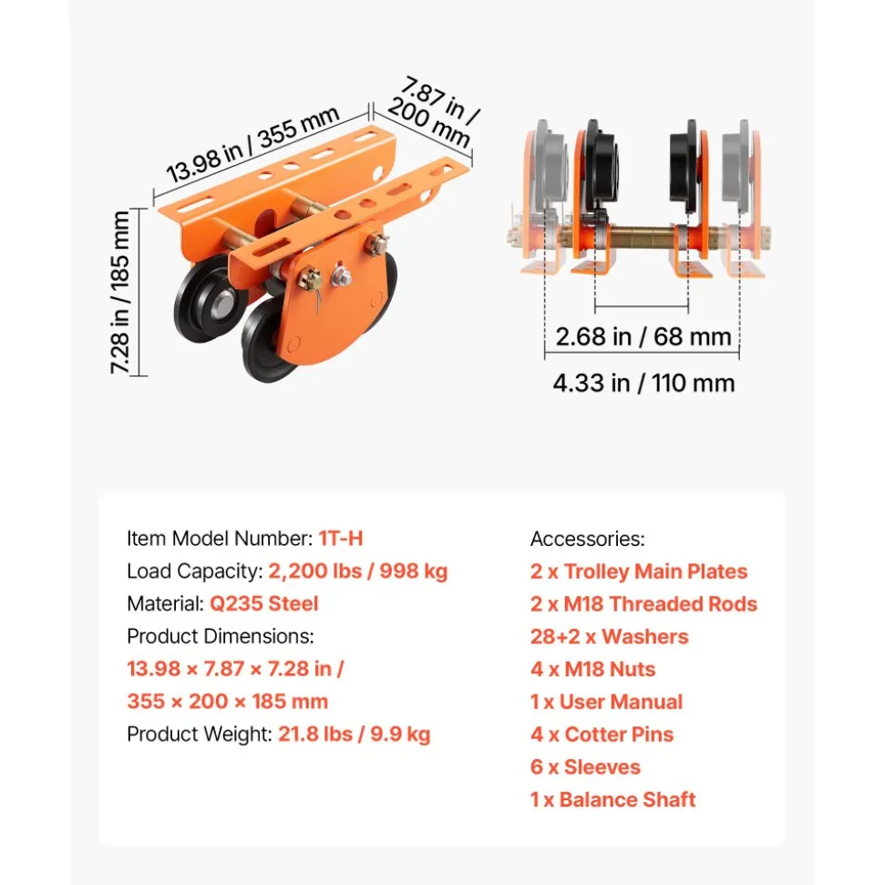 VEVOR Electric Hoist Manual Trolley, 2200 lbs/1 Ton Load for PA600 PA700 PA800 PA900 PA1000, Push Beam Trolley with Dual Wheels, 2.68"-4.33" Adjustable Beam Flange Width for Straight & Curved I-Beam